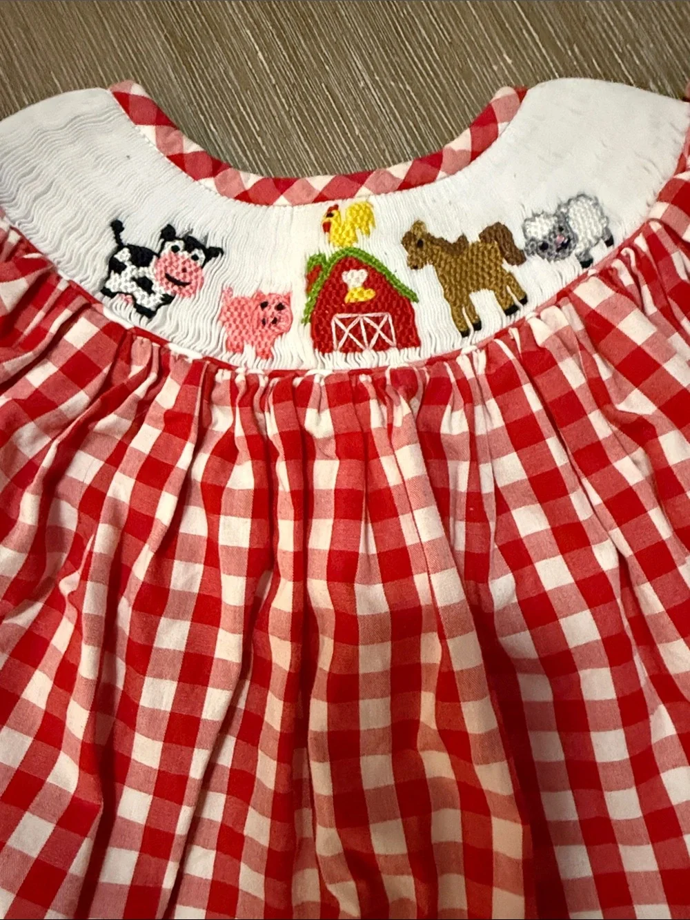 Red Gingham Smocked Farm Animal Dress for Girls